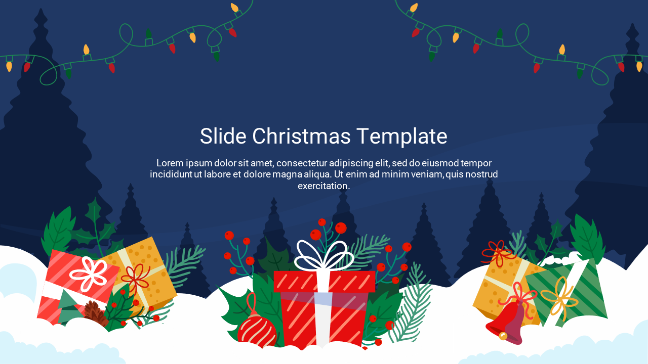 Christmas themed slide design with wrapped presents, pine branches, and lights on a blue night backdrop.