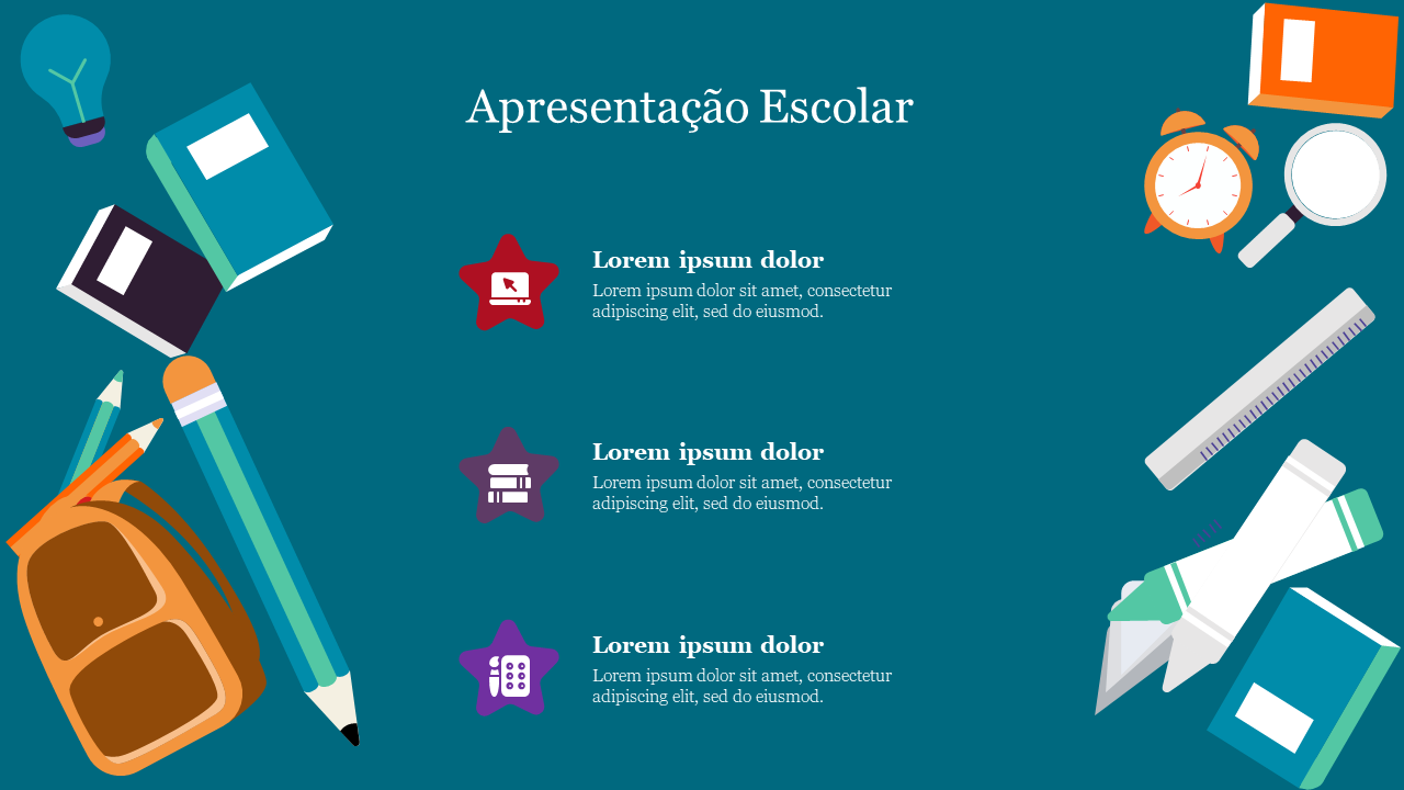 Apresentacao escolar featuring school items of pencils and a backpack, with three text areas marked by colorful star icons.