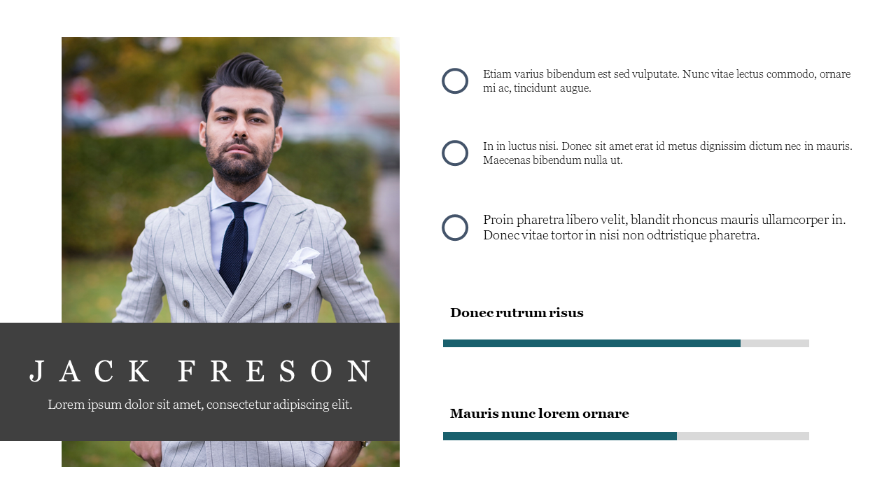 Cool slide featuring a profile image of a man in a formal suit on the left and text with circular icons on the right.