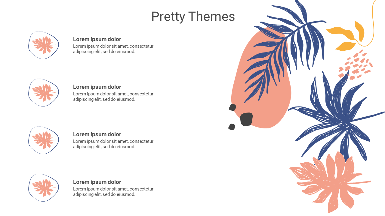 Tropical themed slide with leaves in coral and blue, and space for text descriptions in a minimal, pretty design.