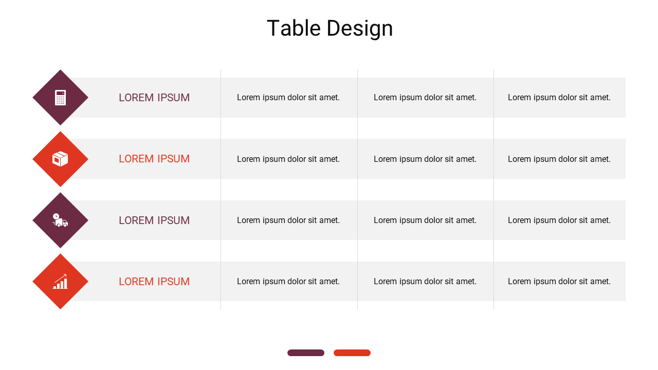 Table design template with four rows and four columns with each row having a numbered icon and placeholder text.