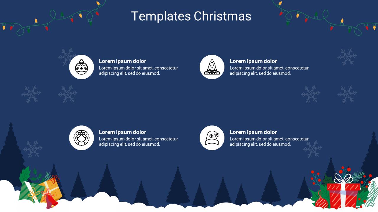 Navy blue background with snowflakes, Christmas tree silhouettes, and gift illustrations, featuring four circular icons.