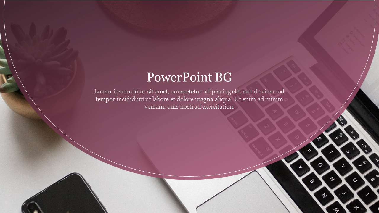 Pink circular overlay with text, placed on a background featuring a laptop keyboard, phone, and plant on a desk.