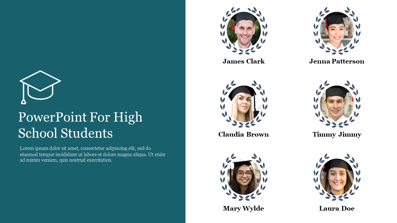 Split slide with teal and white background featuring text and six graduate portraits in circular frames on the right.