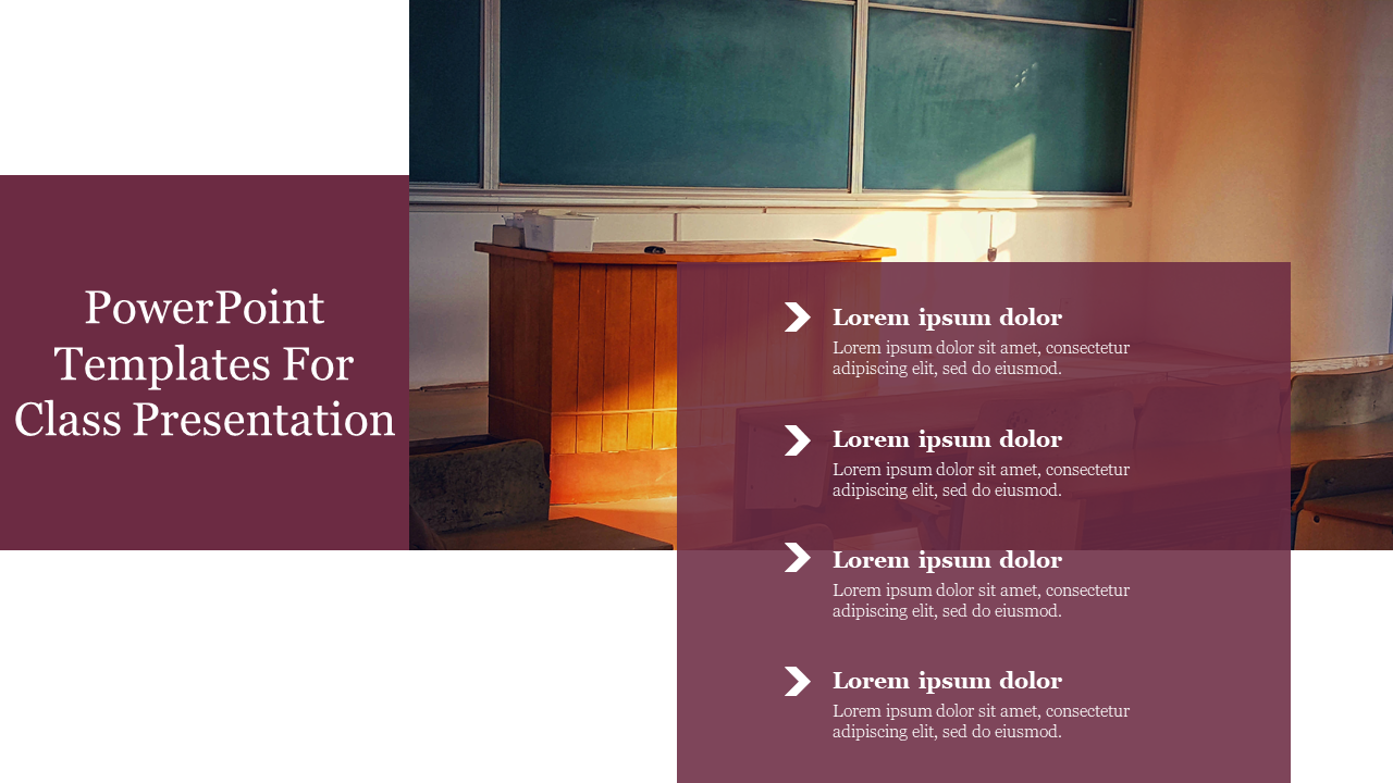 Template for class presentations, showcasing an empty classroom with a wooden desk with placeholder text.