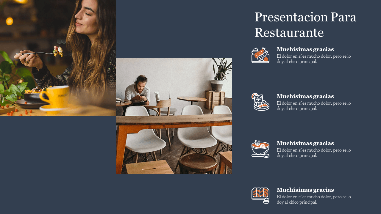 Presentacion Para Restaurante features images of people eating and icons representing food with text in Spanish.