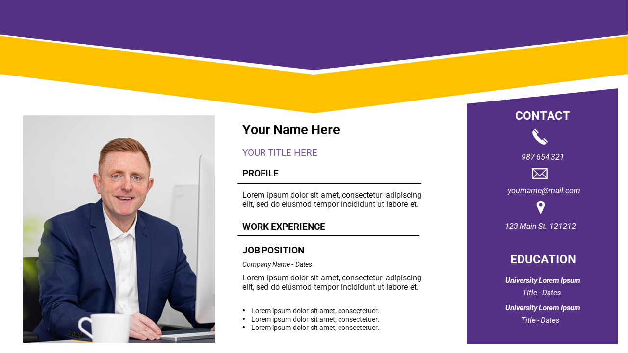 Resume template with a photo, purple and yellow sections, featuring contact, profile, and education details.