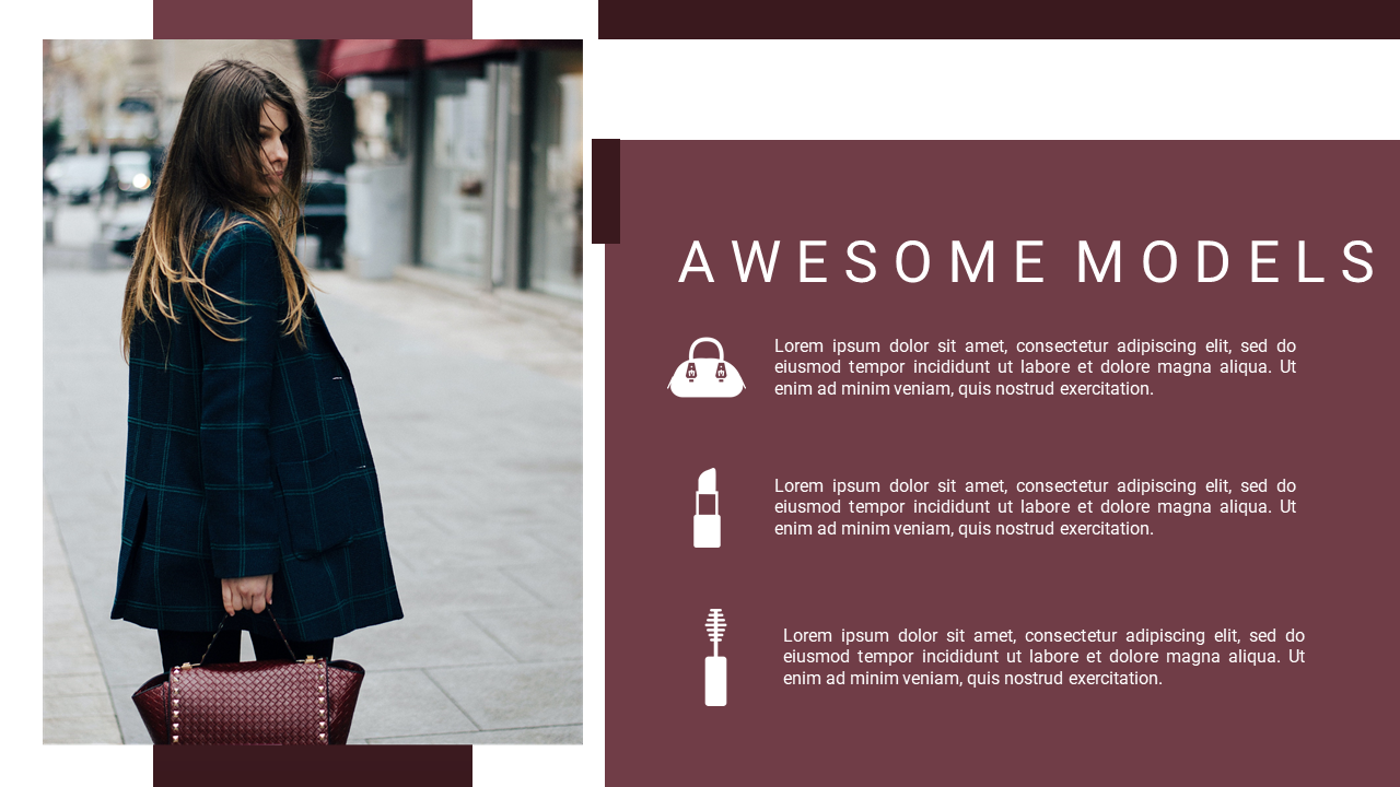 Fashion themed PowerPoint template with a model walking down the street and stylish icons with placeholder text.