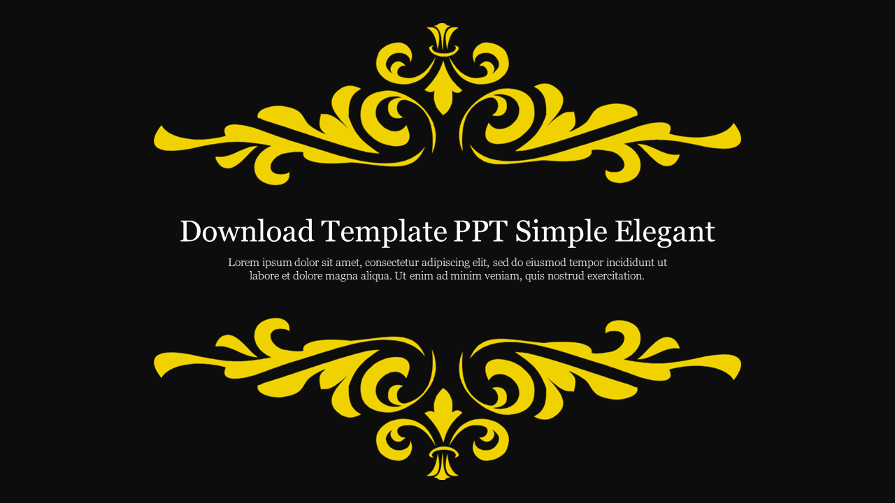 Simple and elegant template with ornate yellow floral designs on a black background and placeholder text in the center.