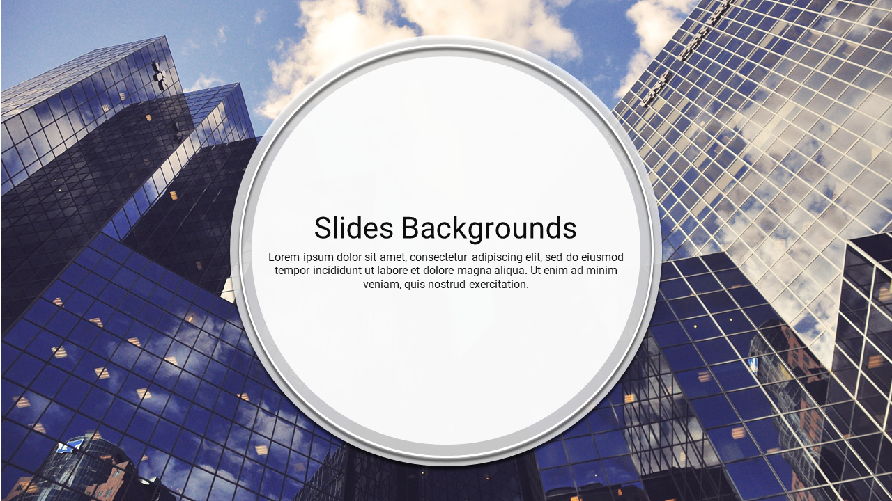 Background slide featuring a skyline with glass buildings and a circular frame in the center, offering space for text.