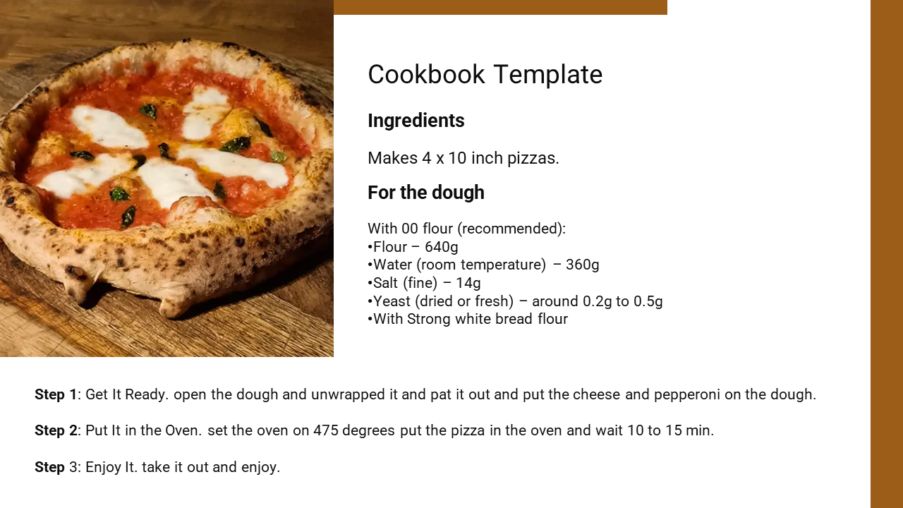 A pizza on a wooden surface, with recipe ingredients and steps displayed on the right white area with brown accents.