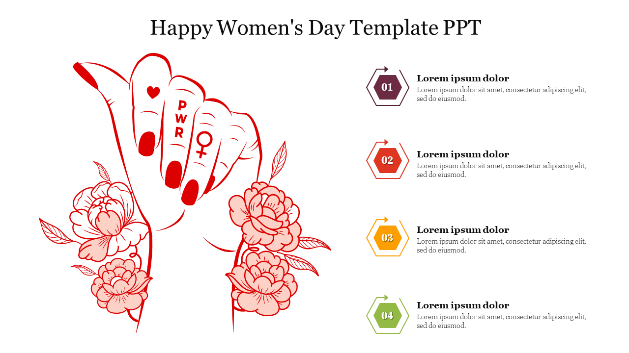 Women's Day slide featuring a hand illustration with PWR and a female symbol, surrounded by floral designs and captions.