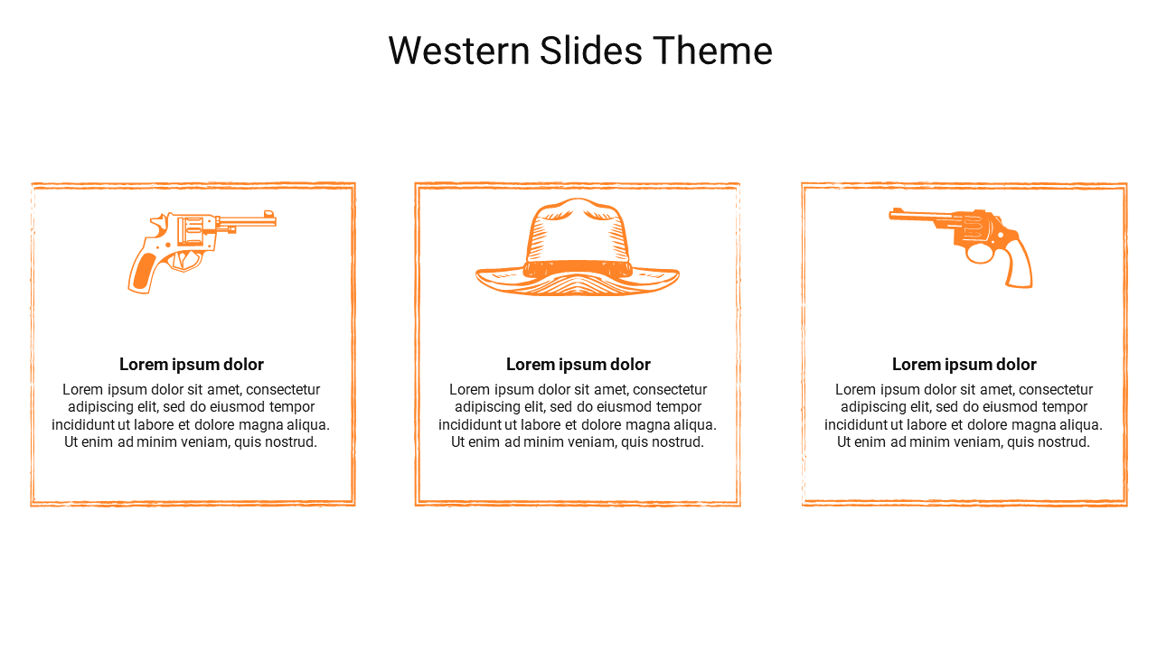 Three orange illustrations of two guns and a cowboy hat inside a square frame with text below, arranged in a row.