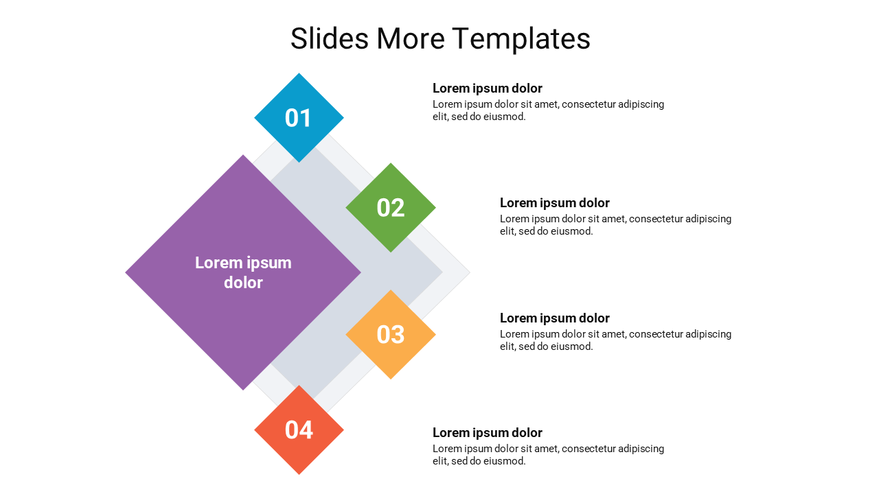 PowerPoint template featuring four numbered colorful diamond shapes with text descriptions on a white backdrop.