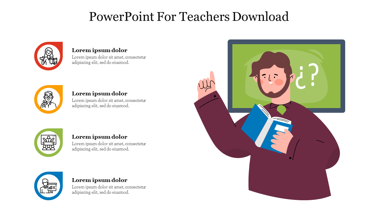 Teacher illustration beside a green board with question marks, with four educational icons listed.