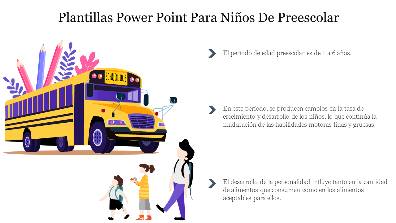 Plantillas PowerPoint Para Ninos De Preescolar for preschool children featuring a school bus with pencils and kids walking.