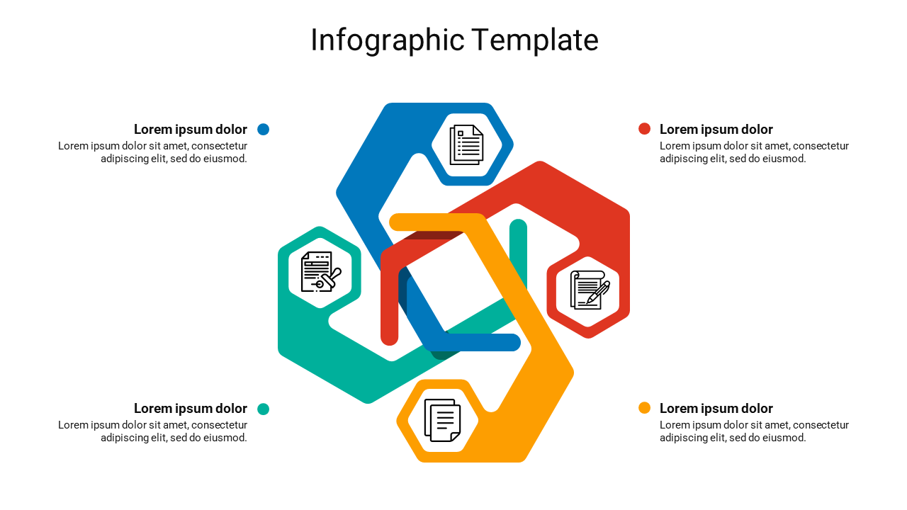 Four interlinked hexagonal shapes in blue, teal, red, and yellow, each with icon, and matching bullet points on the sides.