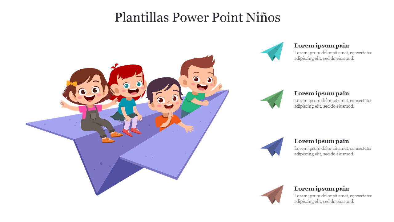 Plantillas PowerPoint ninos gratis with children riding on a purple paper airplane, and four colorful icons with captions.