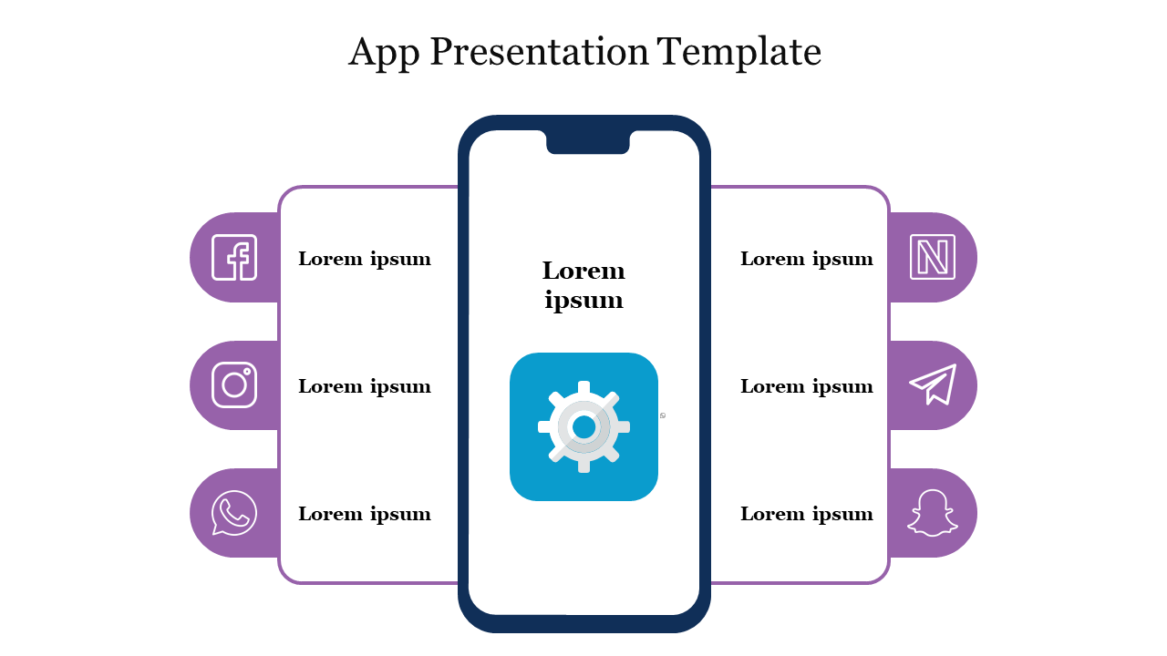 App presentation slide featuring a smartphone mockup with a gear icon in the center, surrounded by social media icons.