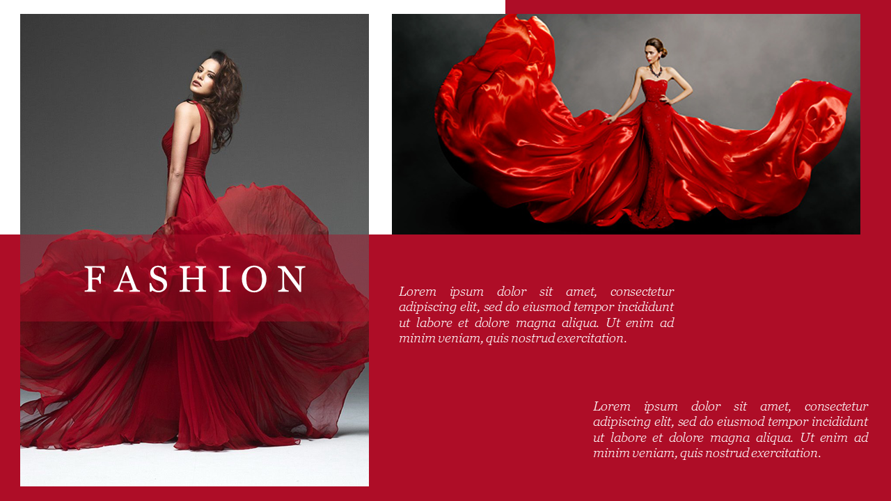 Fashion slide with two images of a woman in a flowing red dress, set against a bold background with text sections.