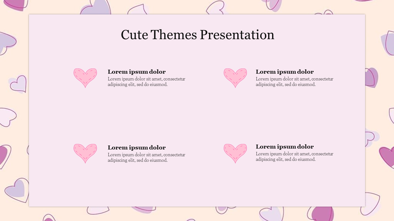 Cute theme slide with four text areas, set on a backdrop with pastel purple heart pattern around the frame.