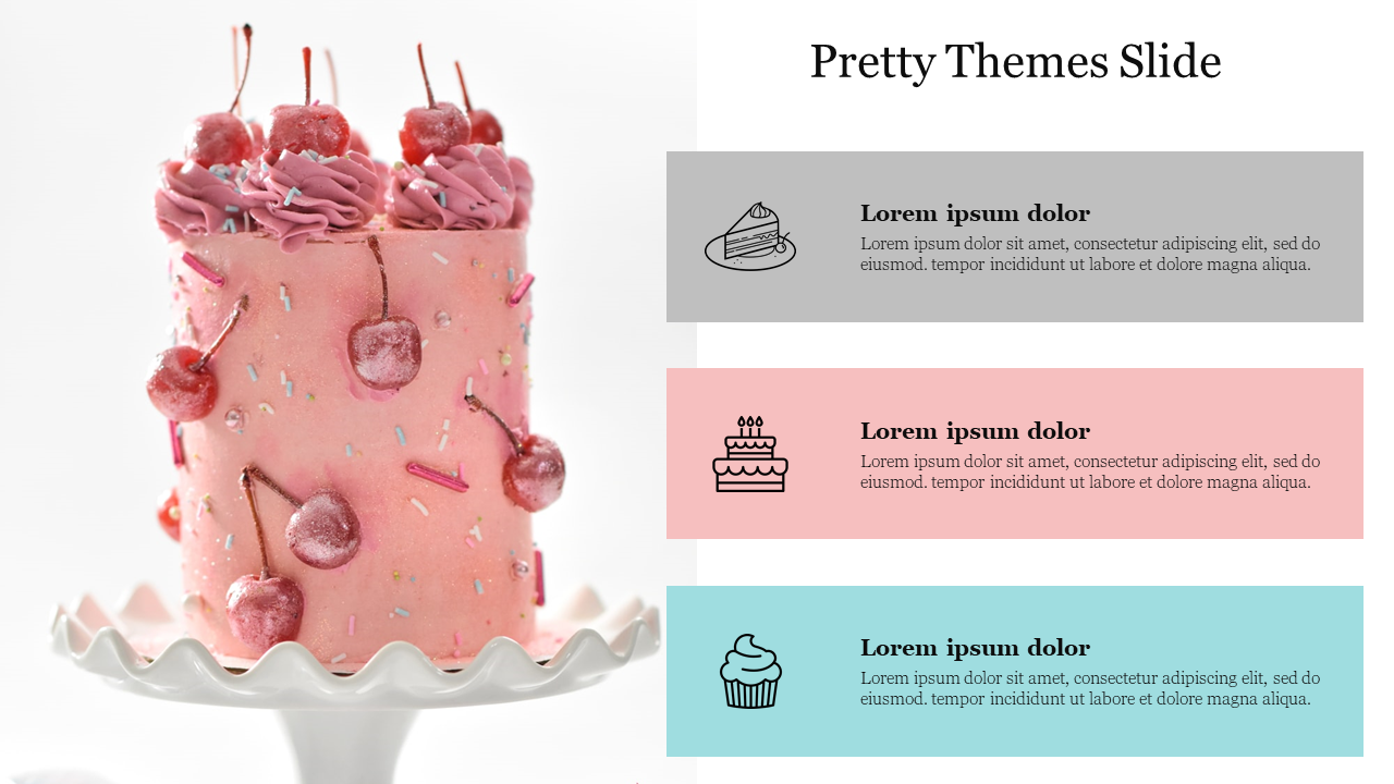 Pretty-themed slide design with a decorated cherry cake on a stand and text sections in gray, pink, and blue.