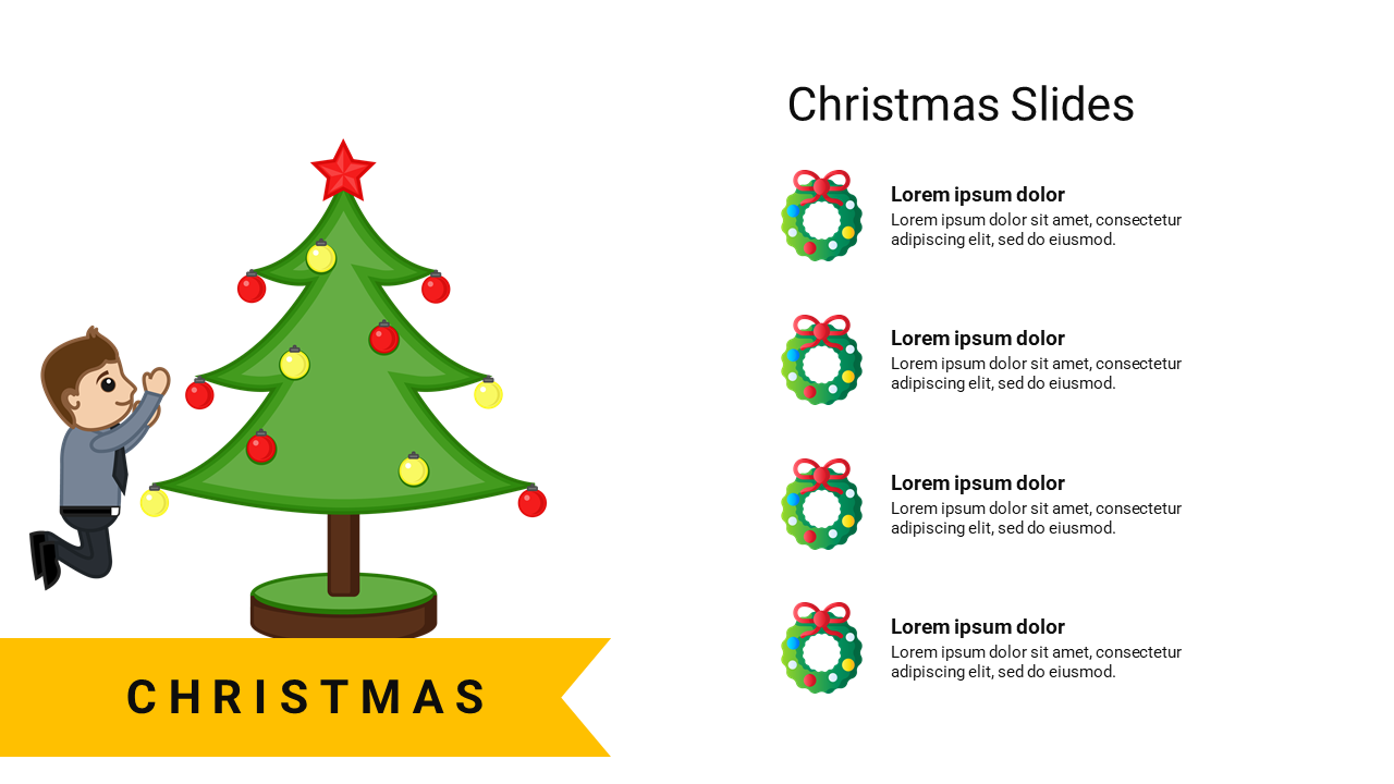 Christmas slide with a decorated tree, child, and a yellow banner, and four wreath icons with text on the right.