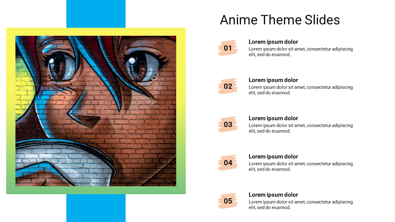 Anime character face painted on a brick wall, with five numbered text items listed on the right.