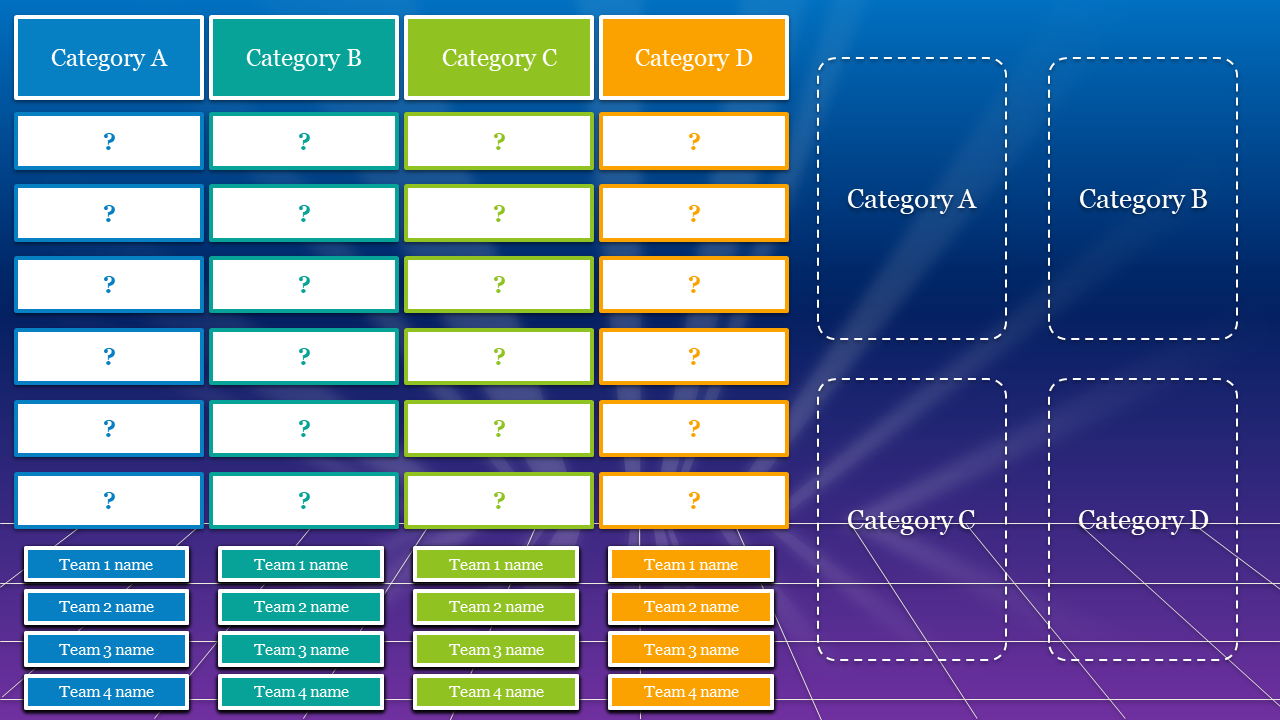 Jeopardy grid template showing categories with question mark placeholders and team name sections at the bottom.