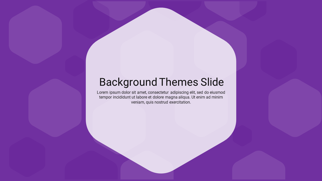 Purple background slide with hexagonal shapes, featuring a central white hexagon with text and title.