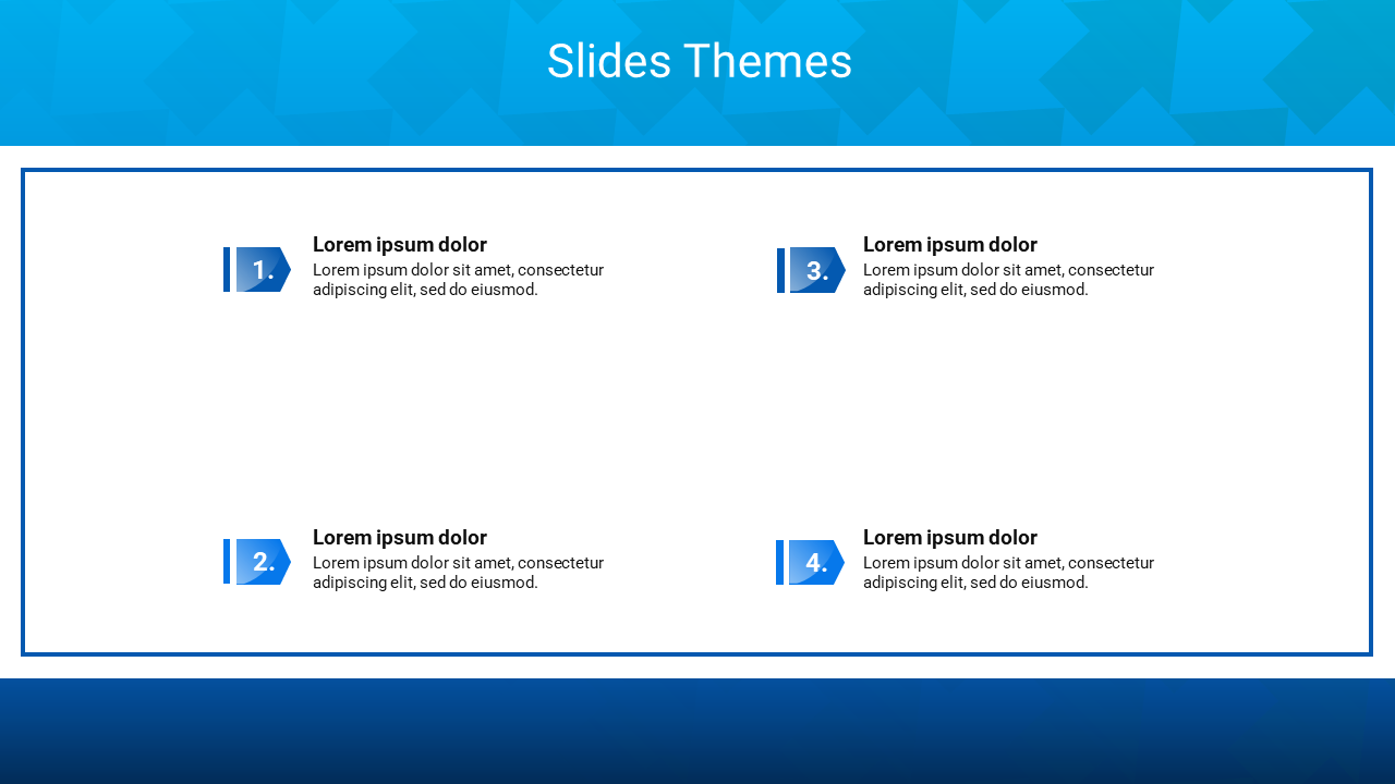 Slide design featuring four sections with numbered icons and placeholder text for each theme on a white and blue backdrop.