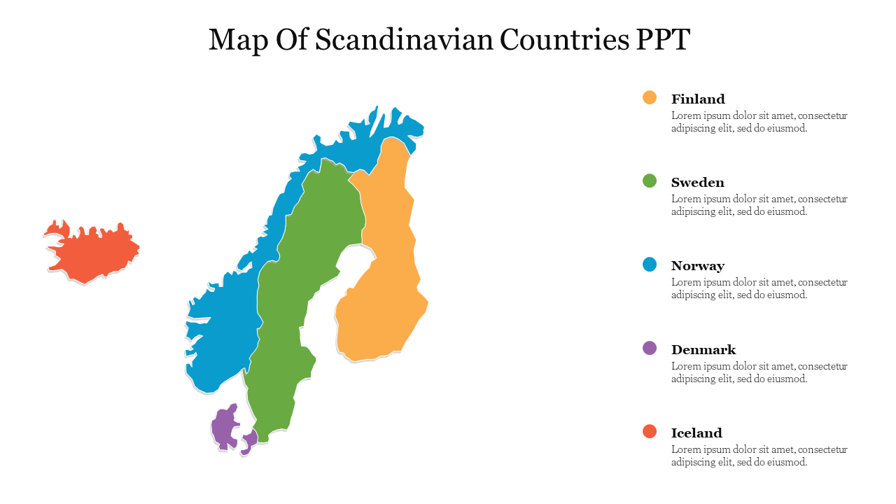 Illustrated map of Scandinavia with countries highlighted in different colors with caption area for each.