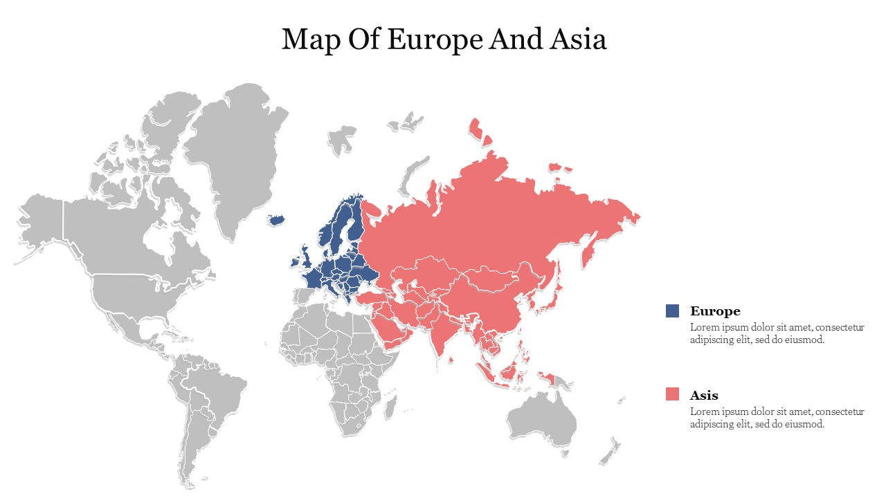 Map showing Europe in blue and Asia in red, with both continents highlighted against a gray background with text area.