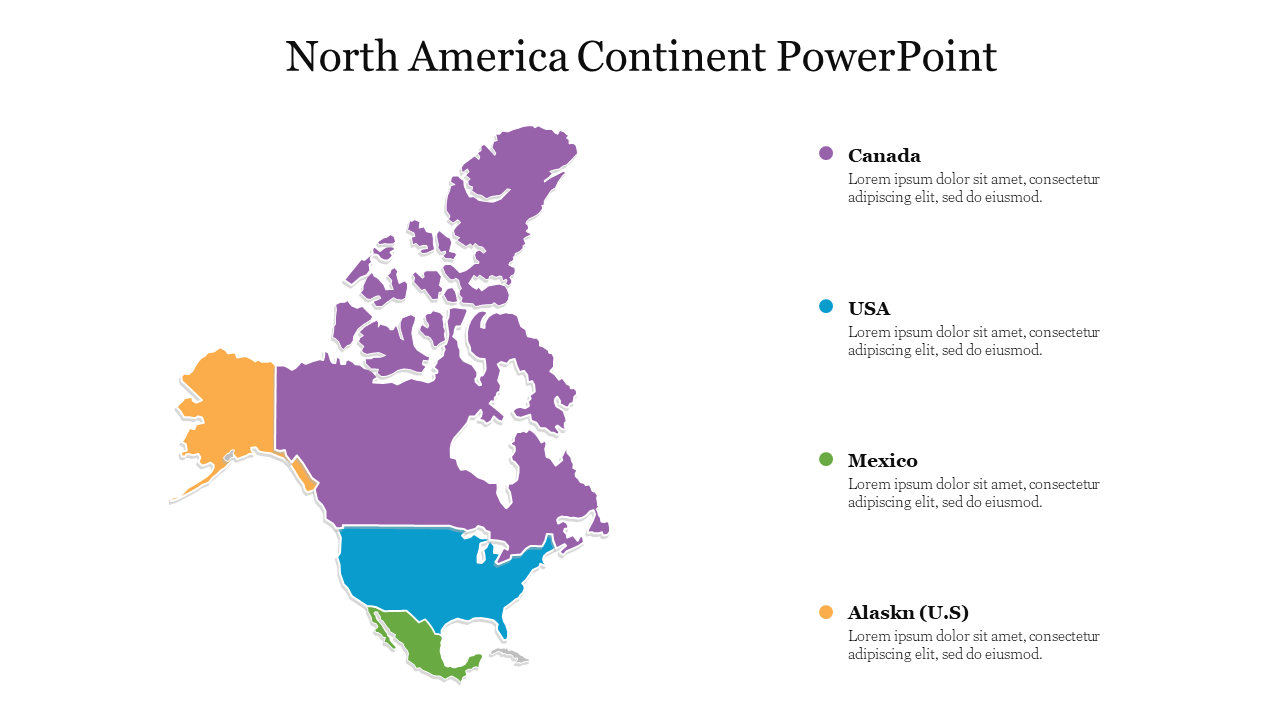 A PowerPoint map of North America showing Canada, USA, Mexico, and Alaska, with color coded regions.