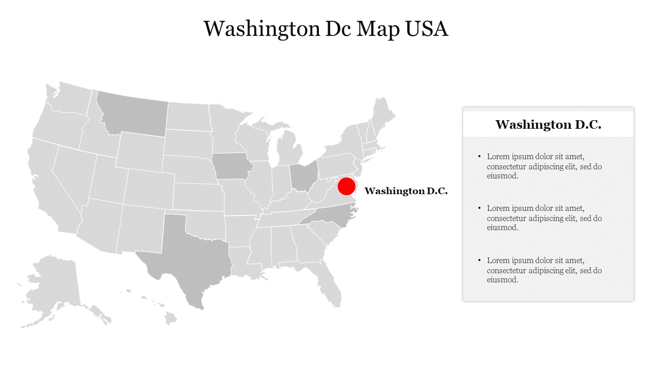 Slide featuring a map of the United States highlighting Washington D.C. with a red dot and text area on the right.