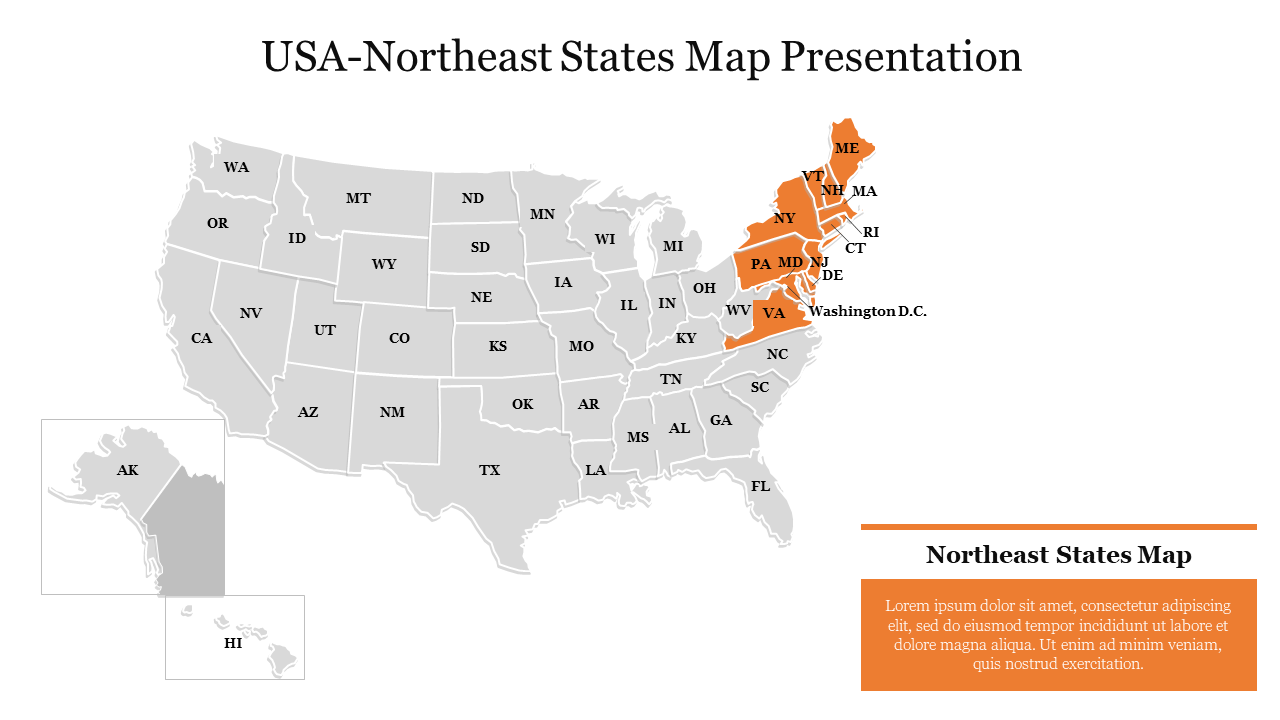 USA map showing northeastern states in orange with labels.