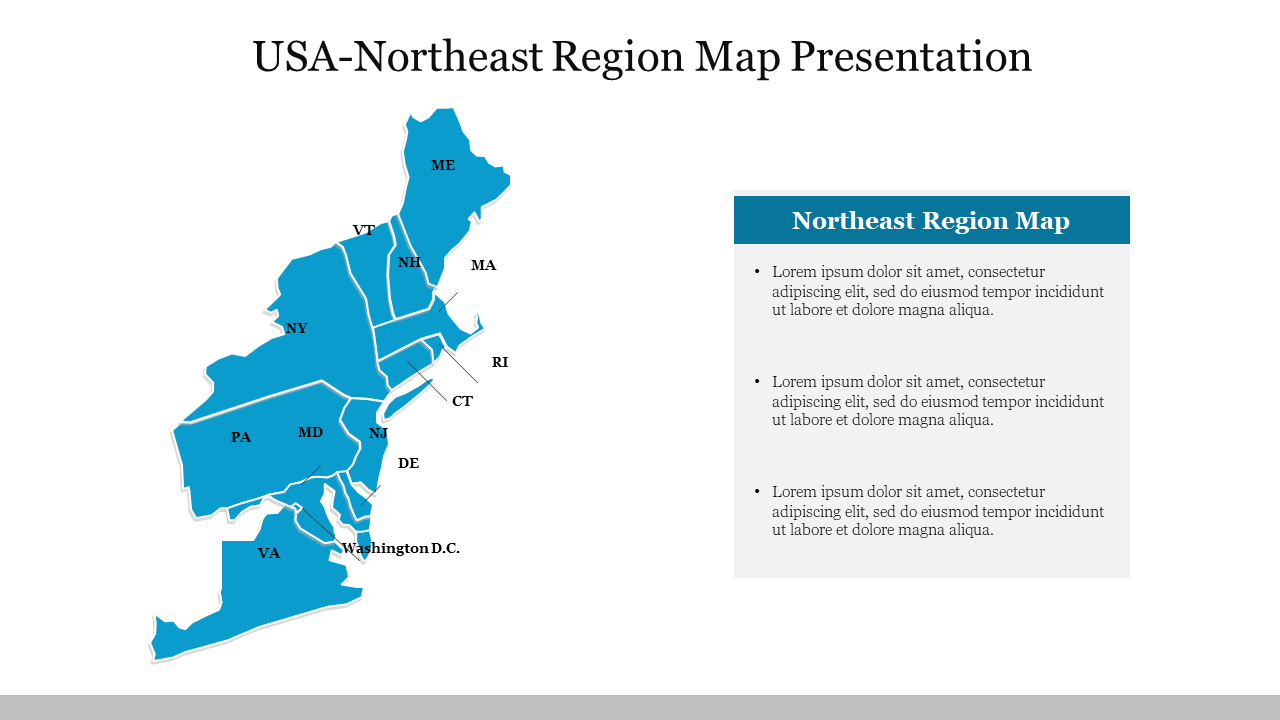 Northeast region map of USA with a detailed map of the region with a placeholder text in a box.