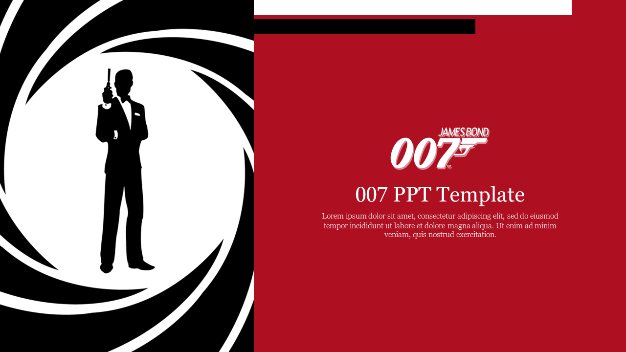 James Bond silhouette holding a gun in a black and white spiral design, with red text box on the right.