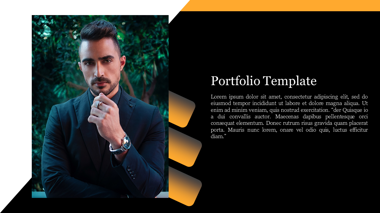 Portfolio slide with photo of a man in a suit and orange design accents next to the text section, on black background.