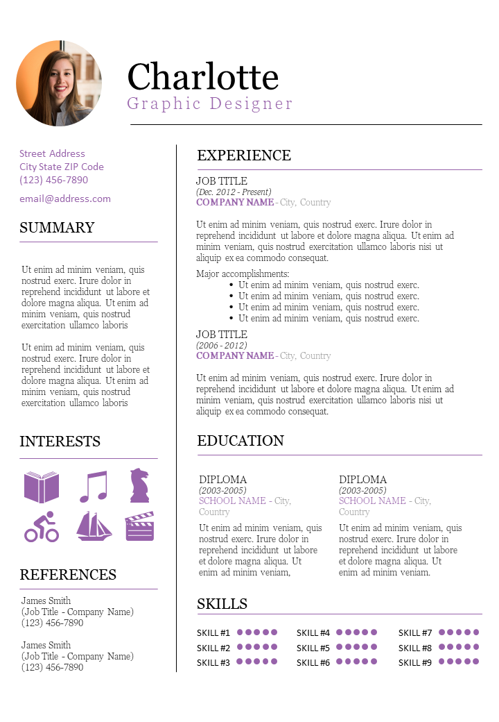 Resume template highlighting a graphic designer's experience, education, and skills, with purple accents and a profile photo.