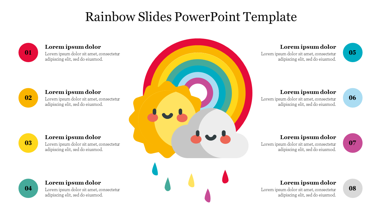 Colorful Rainbow PowerPoint template with numbered circles and cheerful design with placeholder text.