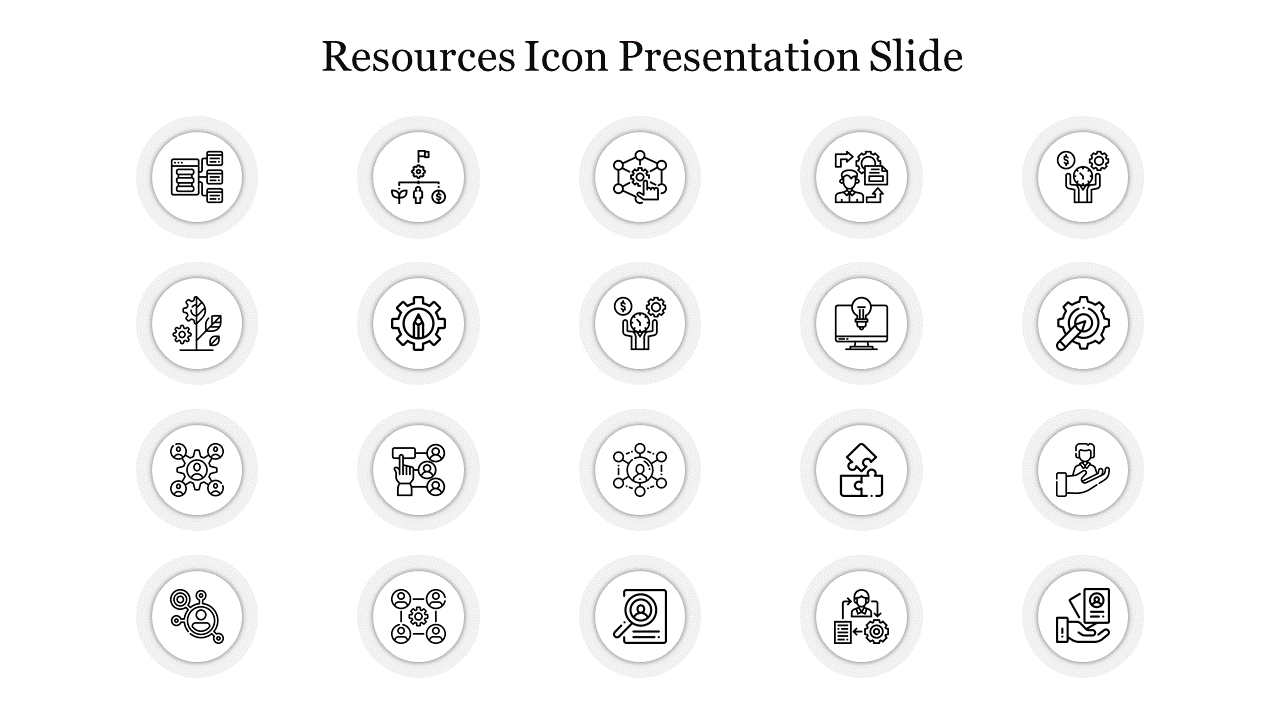 A grid of circular icons in black outlines representing various resources and tools on a white background.