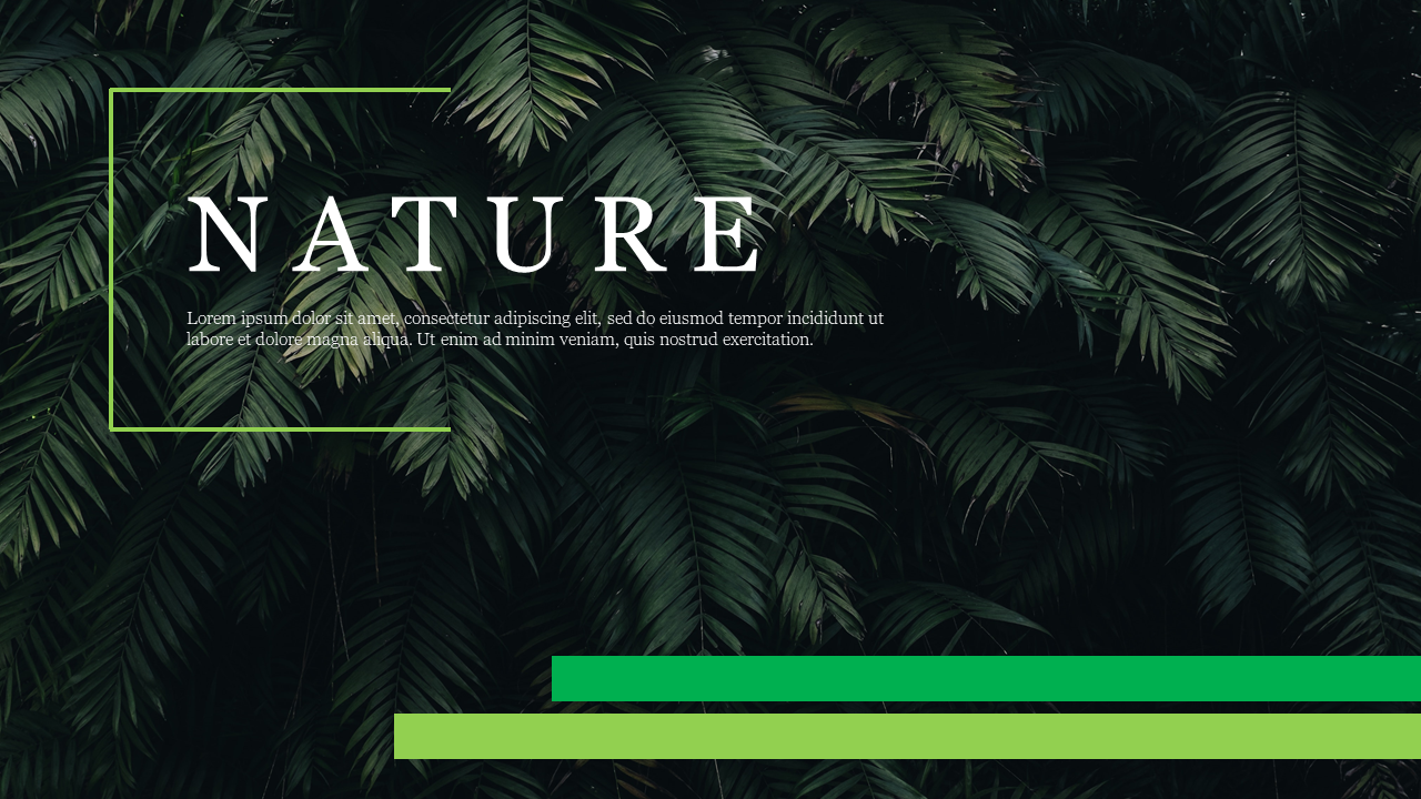 Nature template with lush green foliage background with the word nature and placeholder text in the centre.