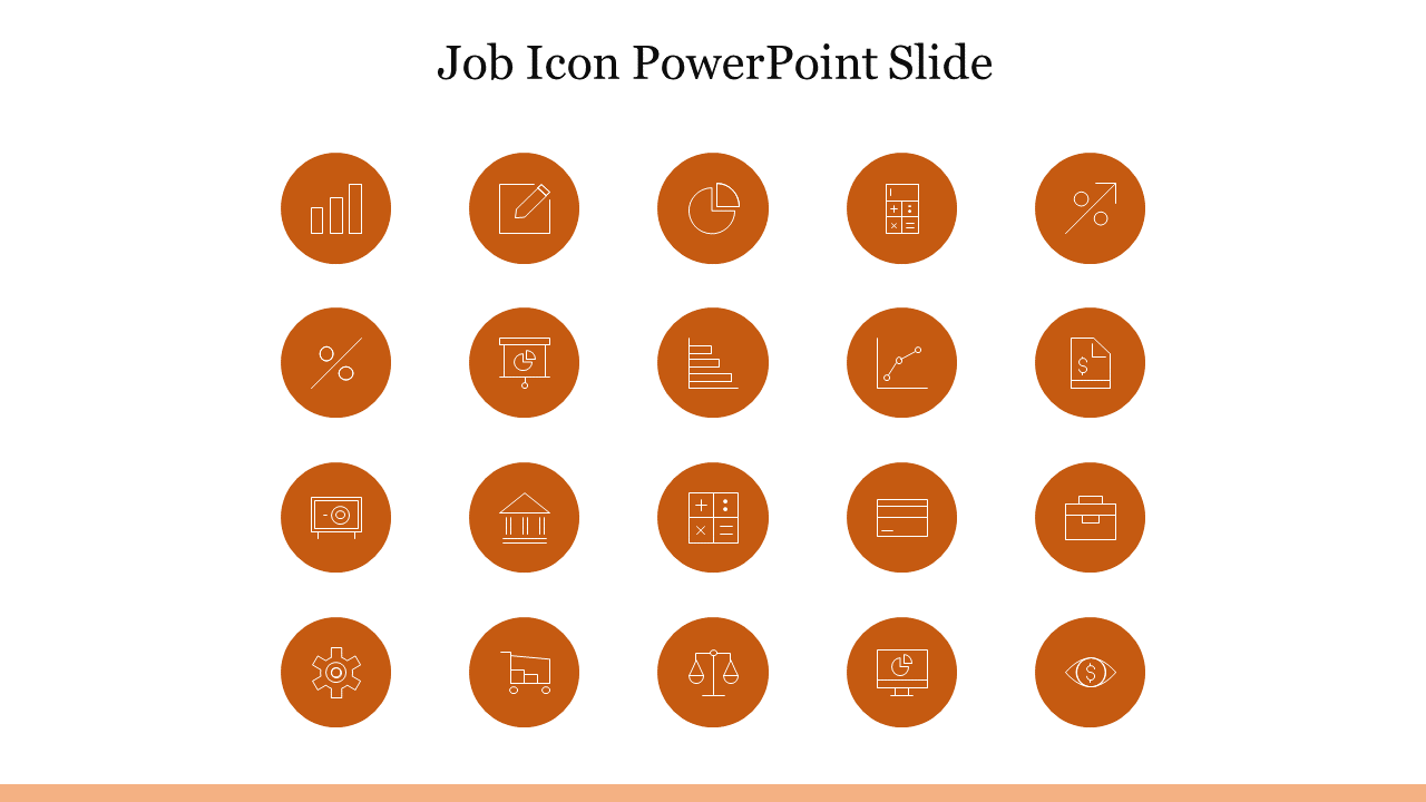 Twenty orange circular icons arranged in a 4x5 grid, each representing different job related symbols.