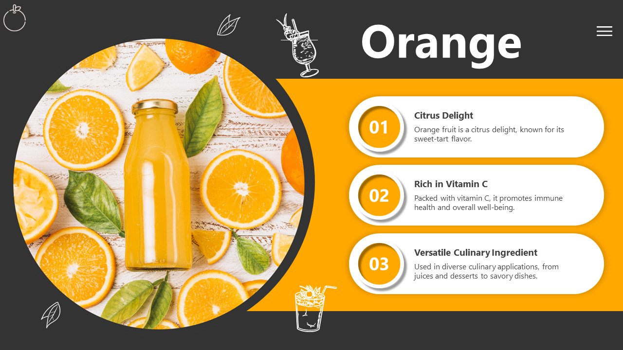 Colorful slide dedicated to oranges, showcasing citrus fruit with text about its nutritional value.