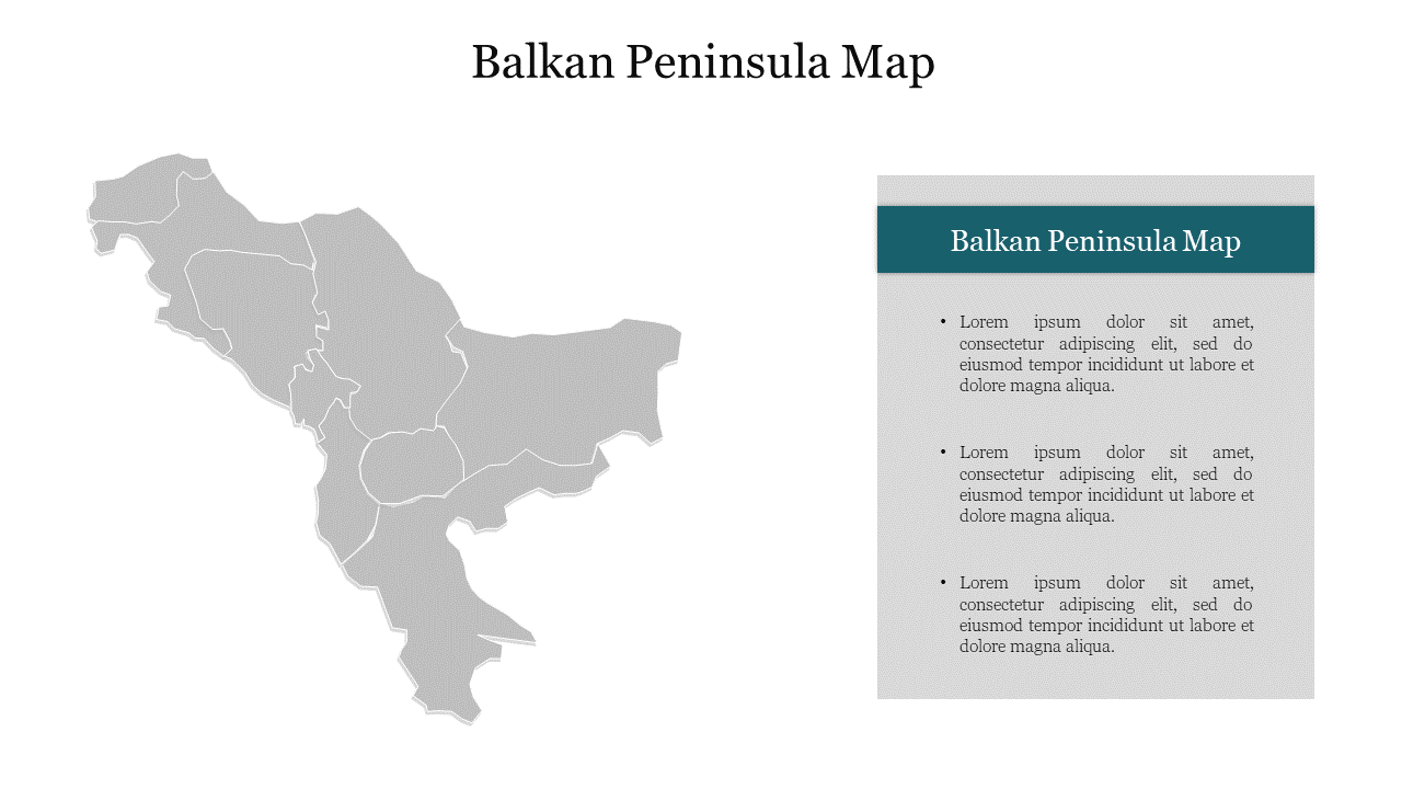 Balkan peninsula map slide showing country borders, accompanied by a text section for further description.