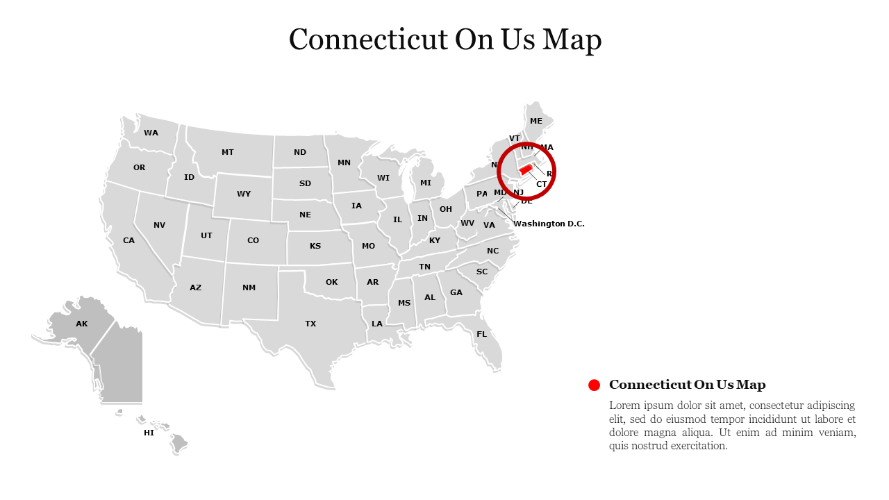 Map of the United States with Connecticut highlighted in red with placeholder text.