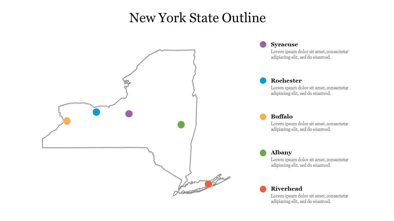 Outline of New York State with five colored markers representing different cities, and captions listed on the right.