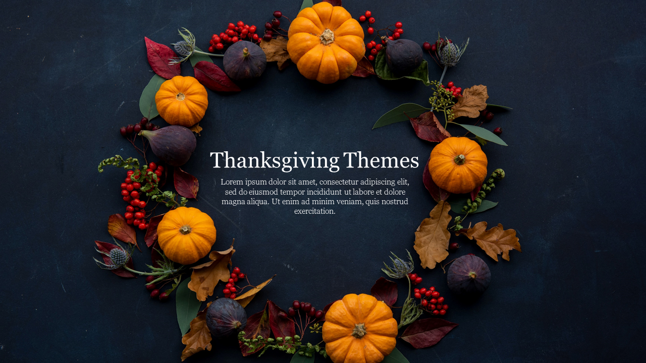 Thanksgiving-themed slide with pumpkins, berries, and autumn leaves forming a decorative wreath around centered text.