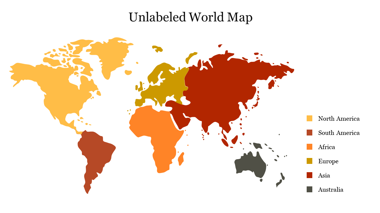 Unlabeled world map featuring color coded continents, with a legend identifying six regions.